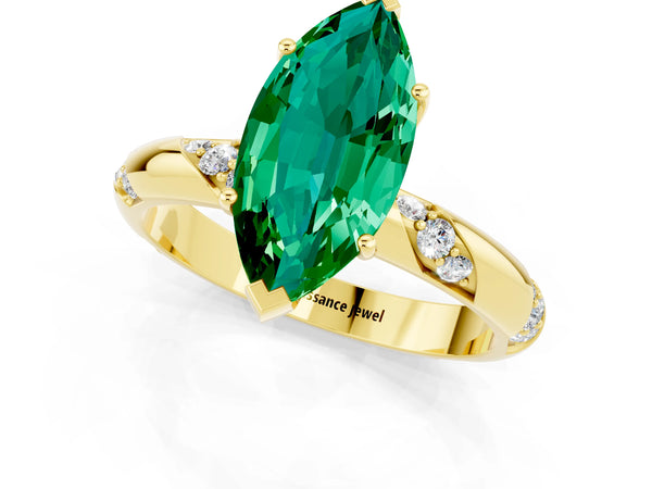 Yellow gold Marquise Cut Emerald Solitaire Engagement Ring with Twisted Round  Accent Band and Prong Setting