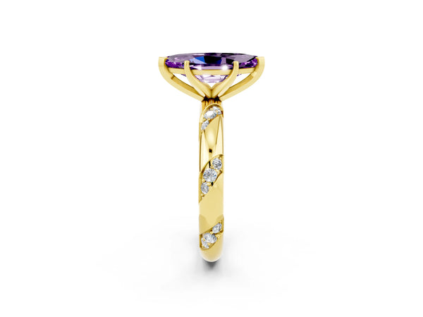 Yellow gold Marquise Cut Amethyst Solitaire Engagement Ring with Twisted Round  Accent Band and Prong Setting