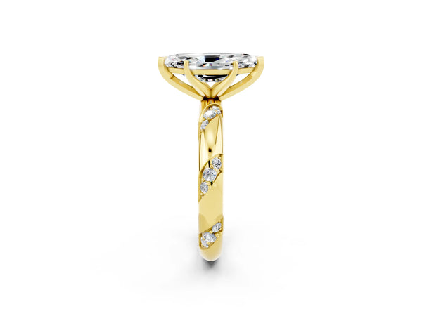 Yellow gold Marquise Cut Moissanite Solitaire Engagement Ring with Twisted Round  Accent Band and Prong Setting