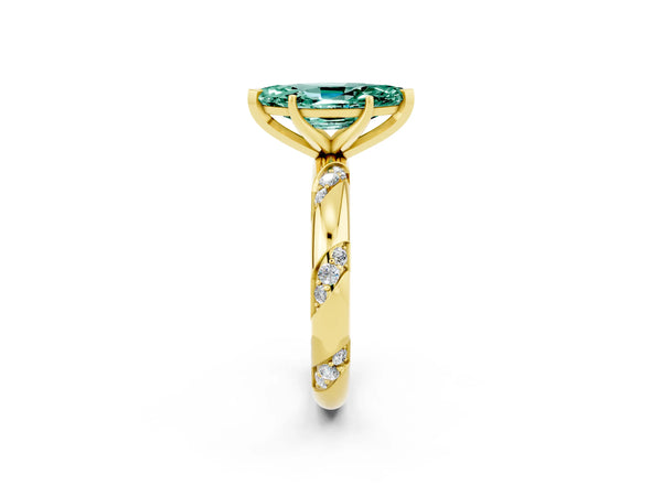 Yellow gold Marquise Cut Green Sapphire Solitaire Engagement Ring with Twisted Round  Accent Band and Prong Setting