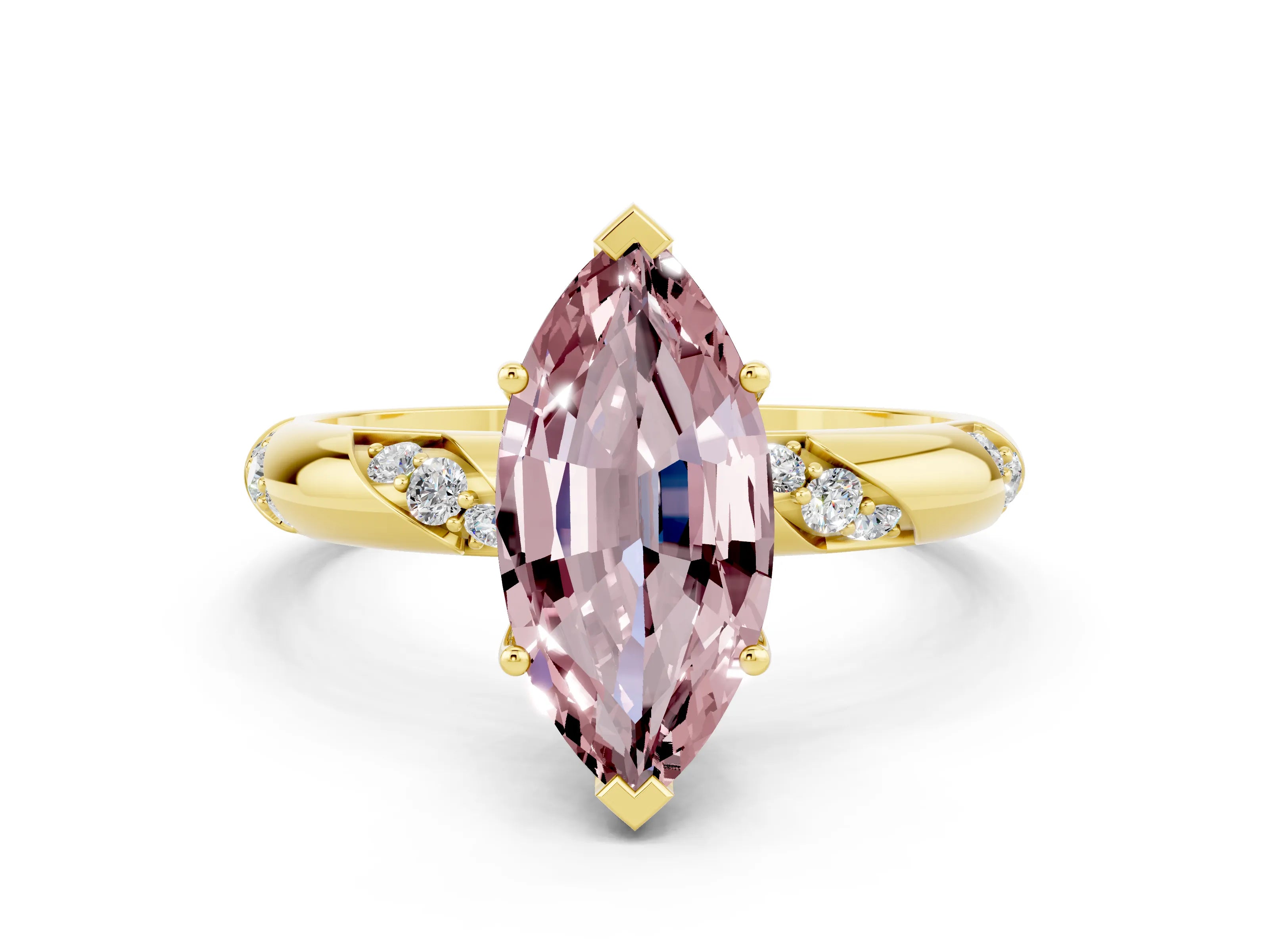 Yellow gold Marquise Cut Solitaire Diamond Engagement Ring with Twisted Pave Band and Four-Prong Setting