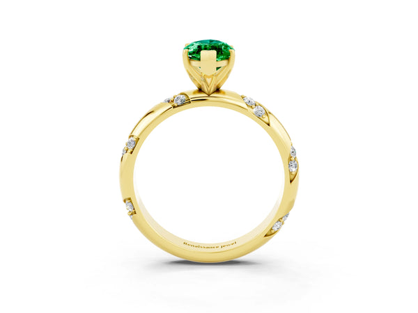 Yellow gold Marquise Cut Emerald Solitaire Engagement Ring with Twisted Round  Accent Band and Prong Setting