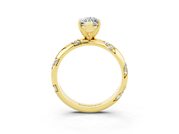 Yellow gold Marquise Cut Moissanite Solitaire Engagement Ring with Twisted Round  Accent Band and Prong Setting
