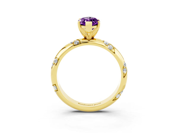 Yellow gold Marquise Cut Amethyst Solitaire Engagement Ring with Twisted Round  Accent Band and Prong Setting