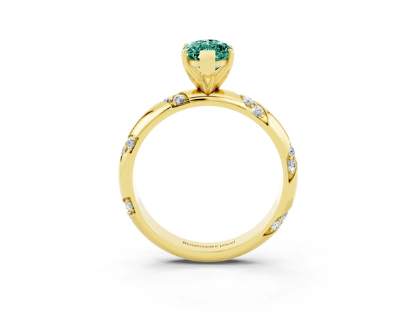 Yellow gold Marquise Cut Green Sapphire Solitaire Engagement Ring with Twisted Round  Accent Band and Prong Setting