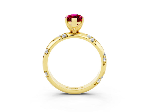 Yellow gold Marquise Cut Garnet Solitaire Engagement Ring with Twisted Round  Accent Band and Prong Setting
