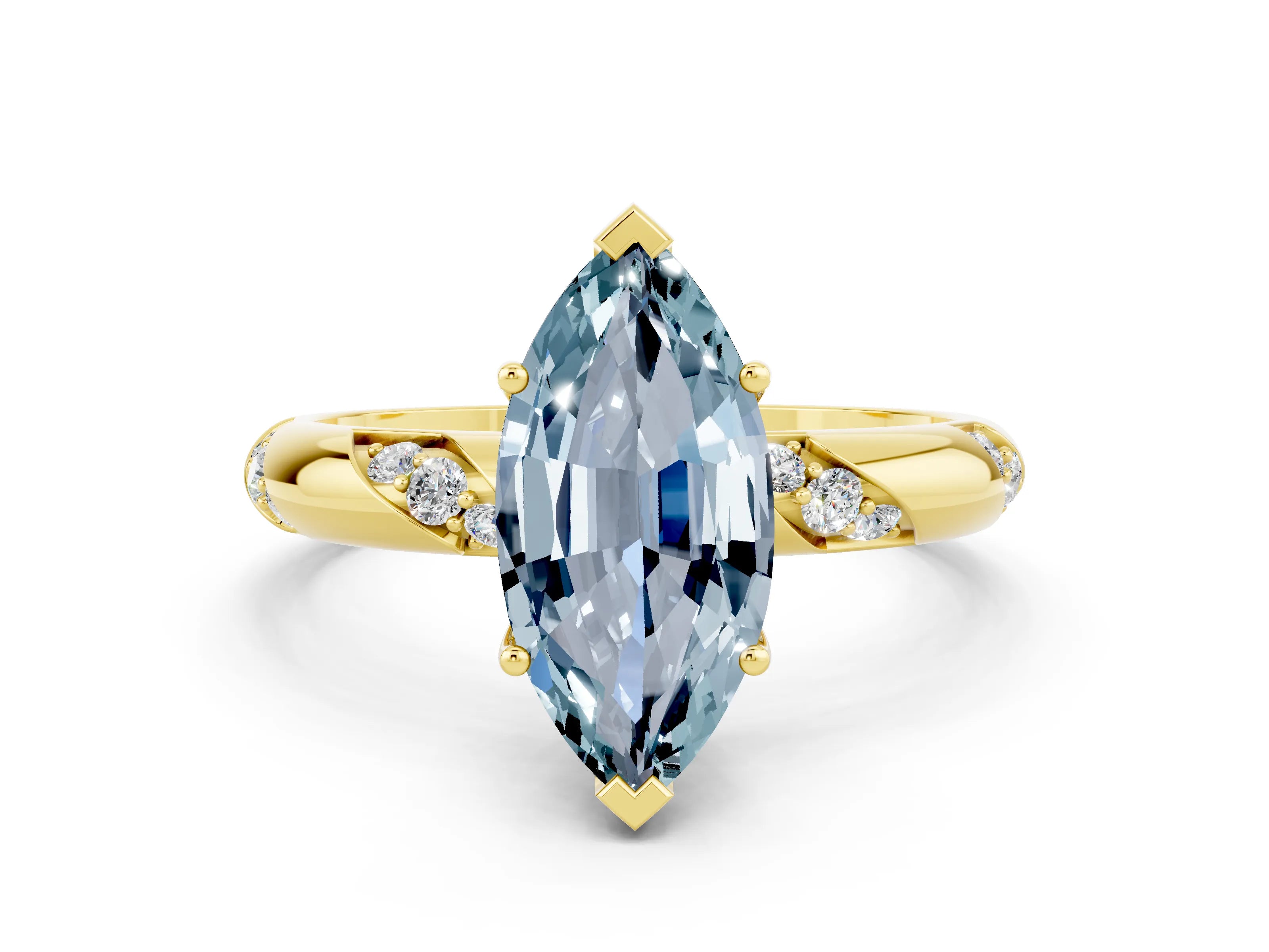 Yellow gold Marquise Cut Solitaire Diamond Engagement Ring with Twisted Pave Band and Four-Prong Setting
