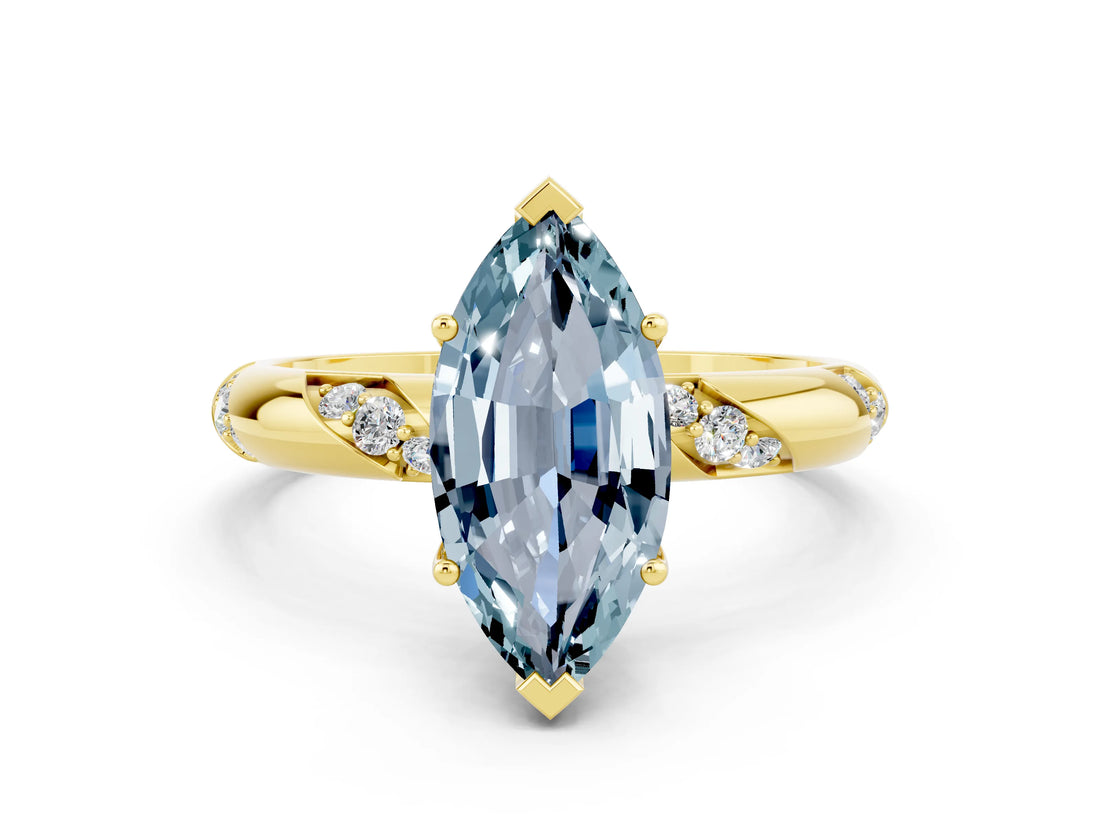 Yellow gold Marquise Cut Solitaire Diamond Engagement Ring with Twisted Pave Band and Four-Prong Setting