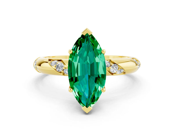 Yellow gold Marquise Cut Emerald Solitaire Engagement Ring with Twisted Round  Accent Band and Prong Setting