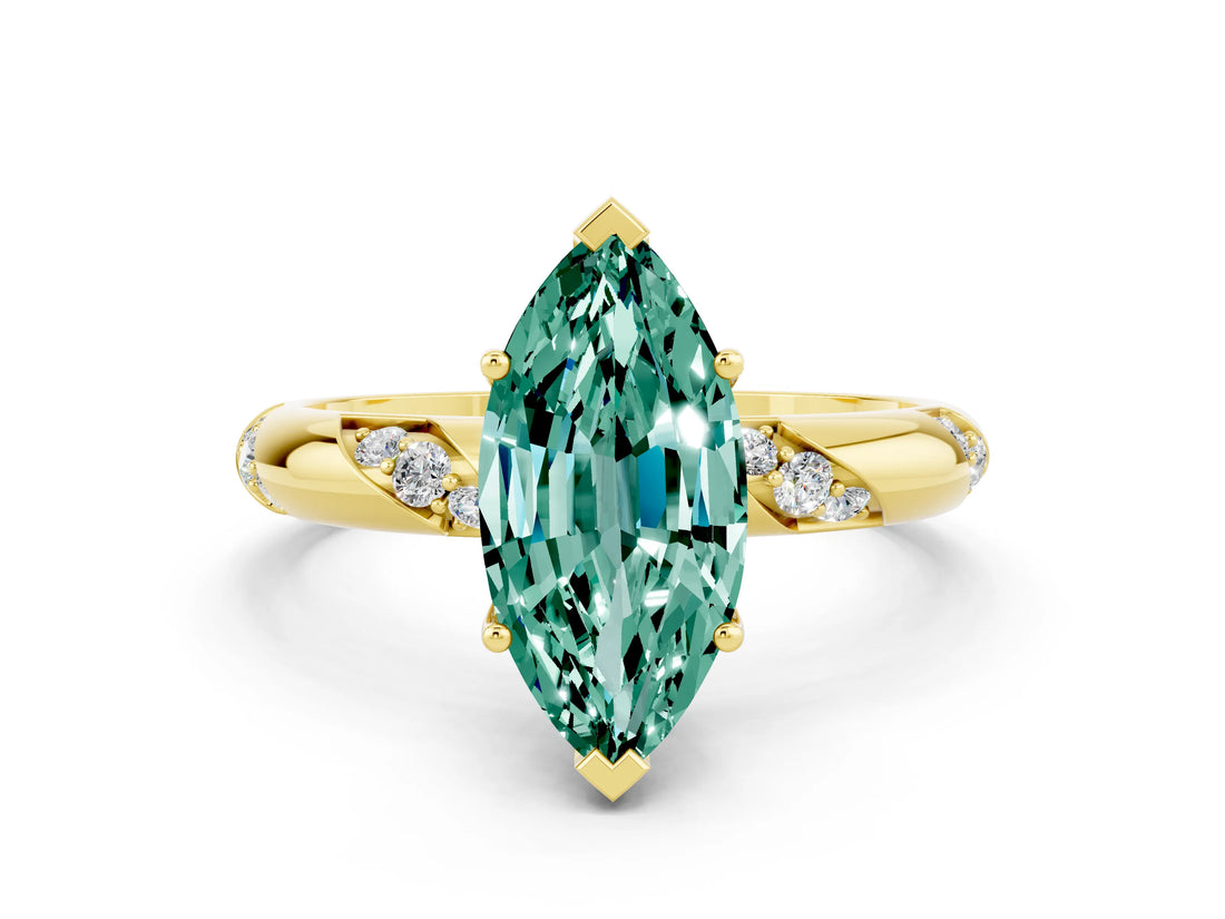 Yellow gold Marquise Cut Solitaire Diamond Engagement Ring with Twisted Pave Band and Four-Prong Setting