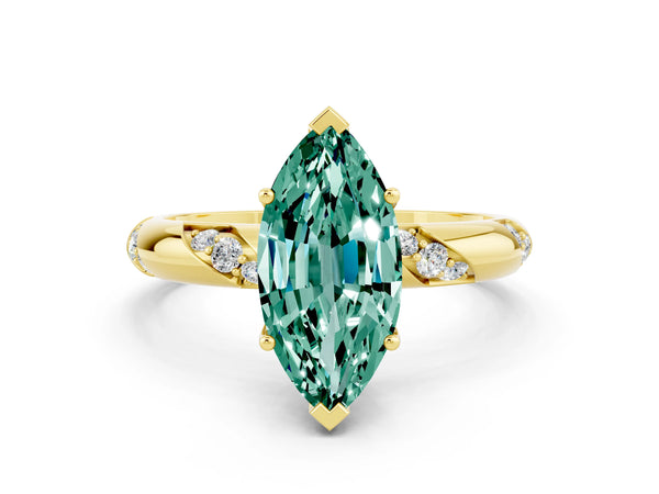Yellow gold Marquise Cut Green Sapphire Solitaire Engagement Ring with Twisted Round  Accent Band and Prong Setting