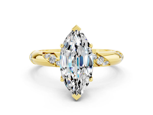 Yellow gold Marquise Cut Moissanite Solitaire Engagement Ring with Twisted Round  Accent Band and Prong Setting