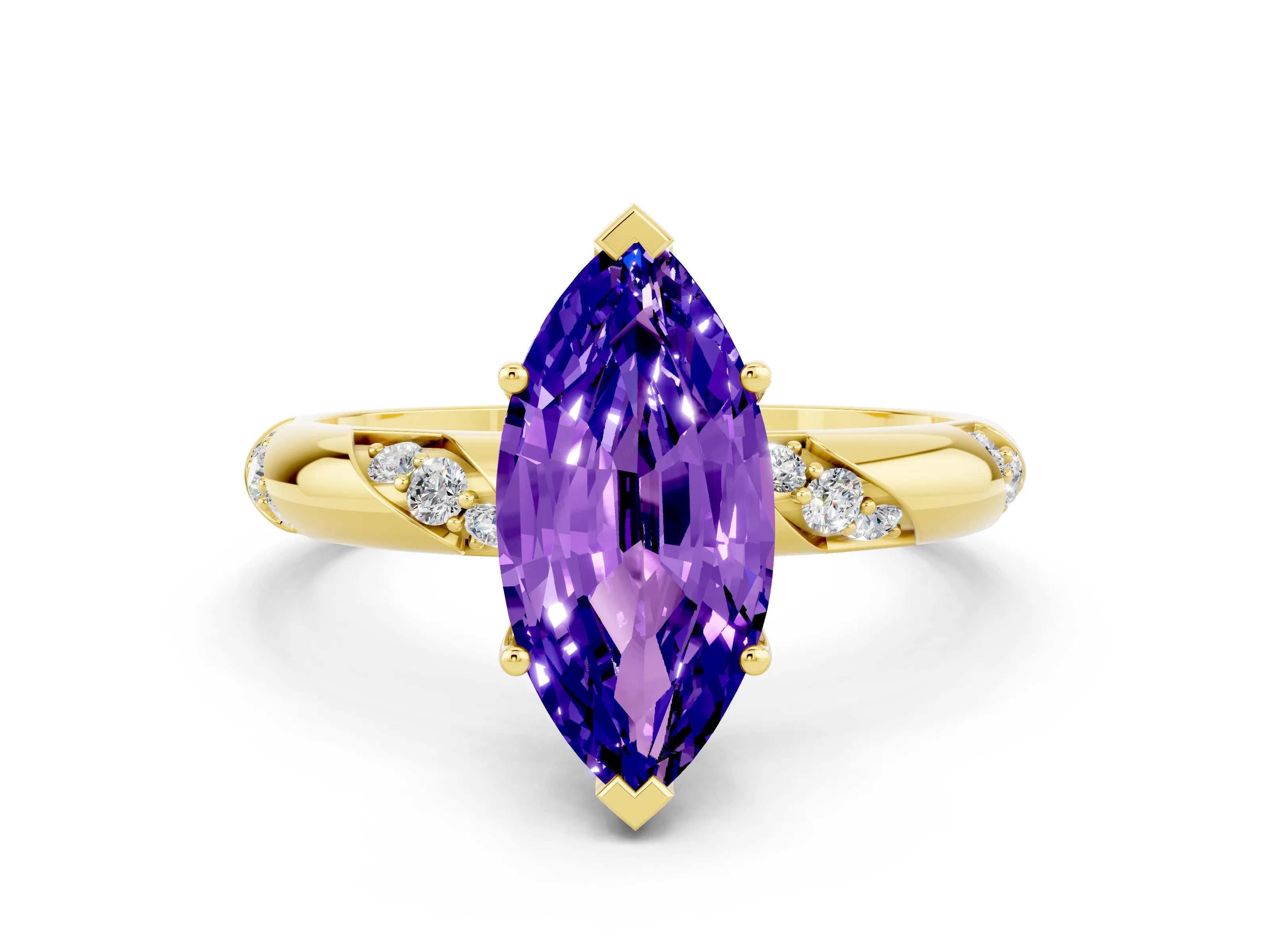 Yellow gold Marquise Cut Solitaire Diamond Engagement Ring with Twisted Pave Band and Four-Prong Setting