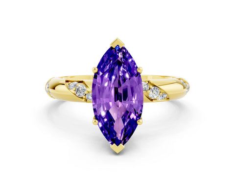 Yellow gold Marquise Cut Solitaire Diamond Engagement Ring with Twisted Pave Band and Four-Prong Setting