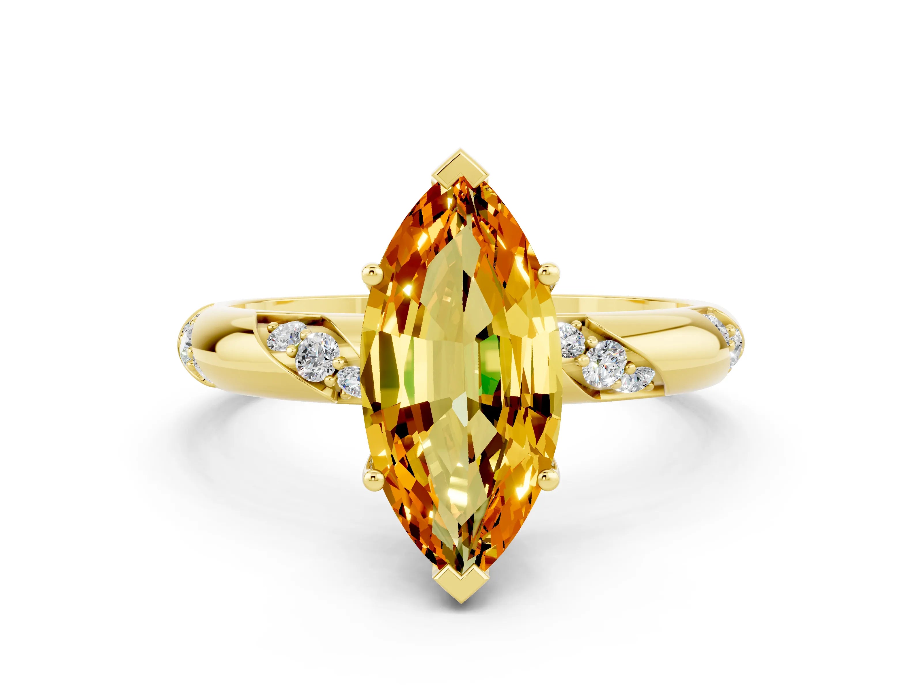 Yellow gold Marquise Cut Solitaire Diamond Engagement Ring with Twisted Pave Band and Four-Prong Setting