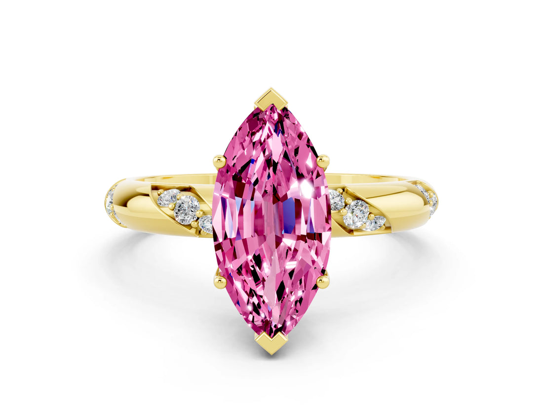 Yellow gold Marquise Cut Solitaire Diamond Engagement Ring with Twisted Pave Band and Four-Prong Setting