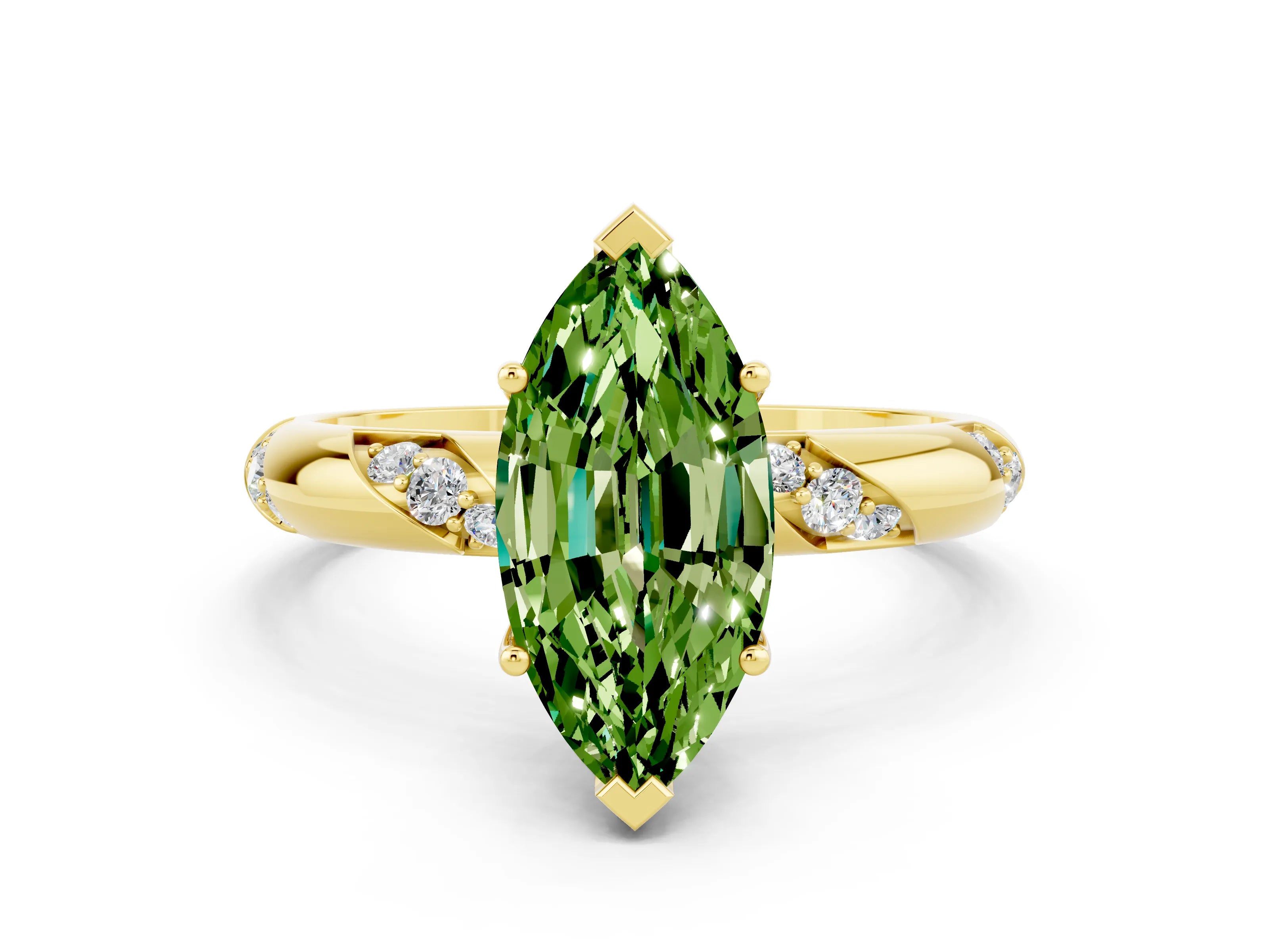 Yellow gold Marquise Cut Solitaire Diamond Engagement Ring with Twisted Pave Band and Four-Prong Setting