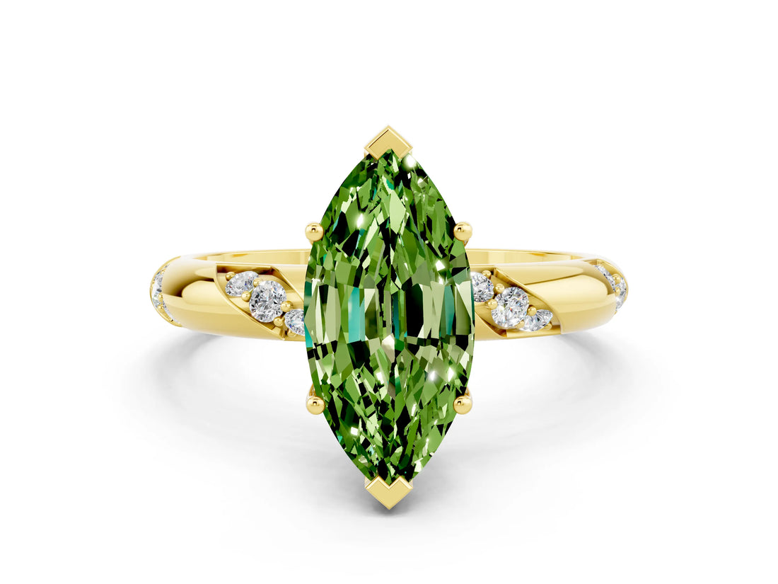 Yellow gold Marquise Cut Solitaire Diamond Engagement Ring with Twisted Pave Band and Four-Prong Setting