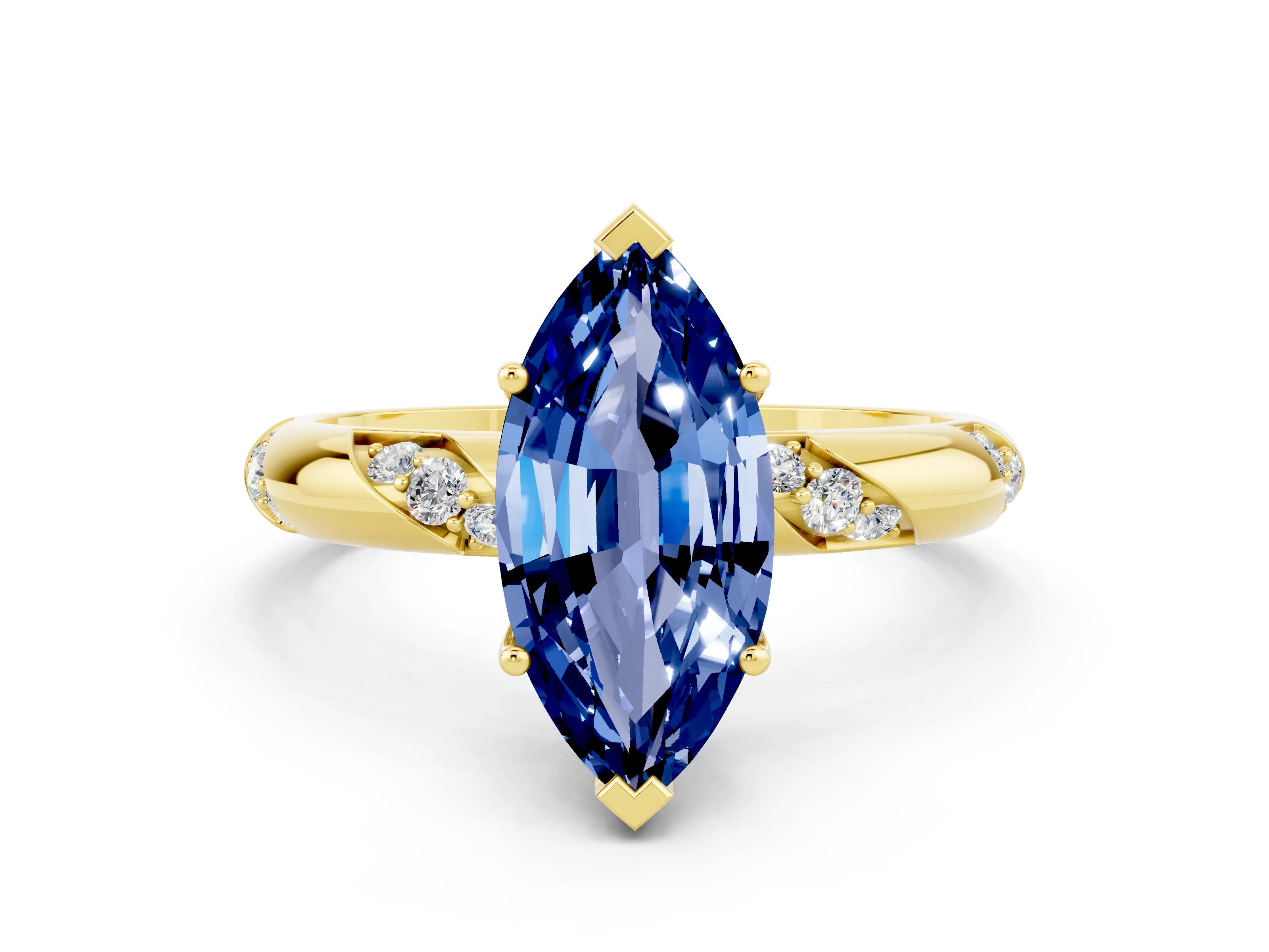 Yellow gold Marquise Cut Solitaire Diamond Engagement Ring with Twisted Pave Band and Four-Prong Setting