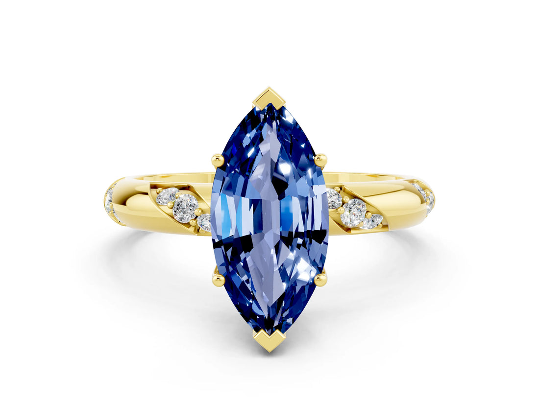 Yellow gold Marquise Cut Solitaire Diamond Engagement Ring with Twisted Pave Band and Four-Prong Setting