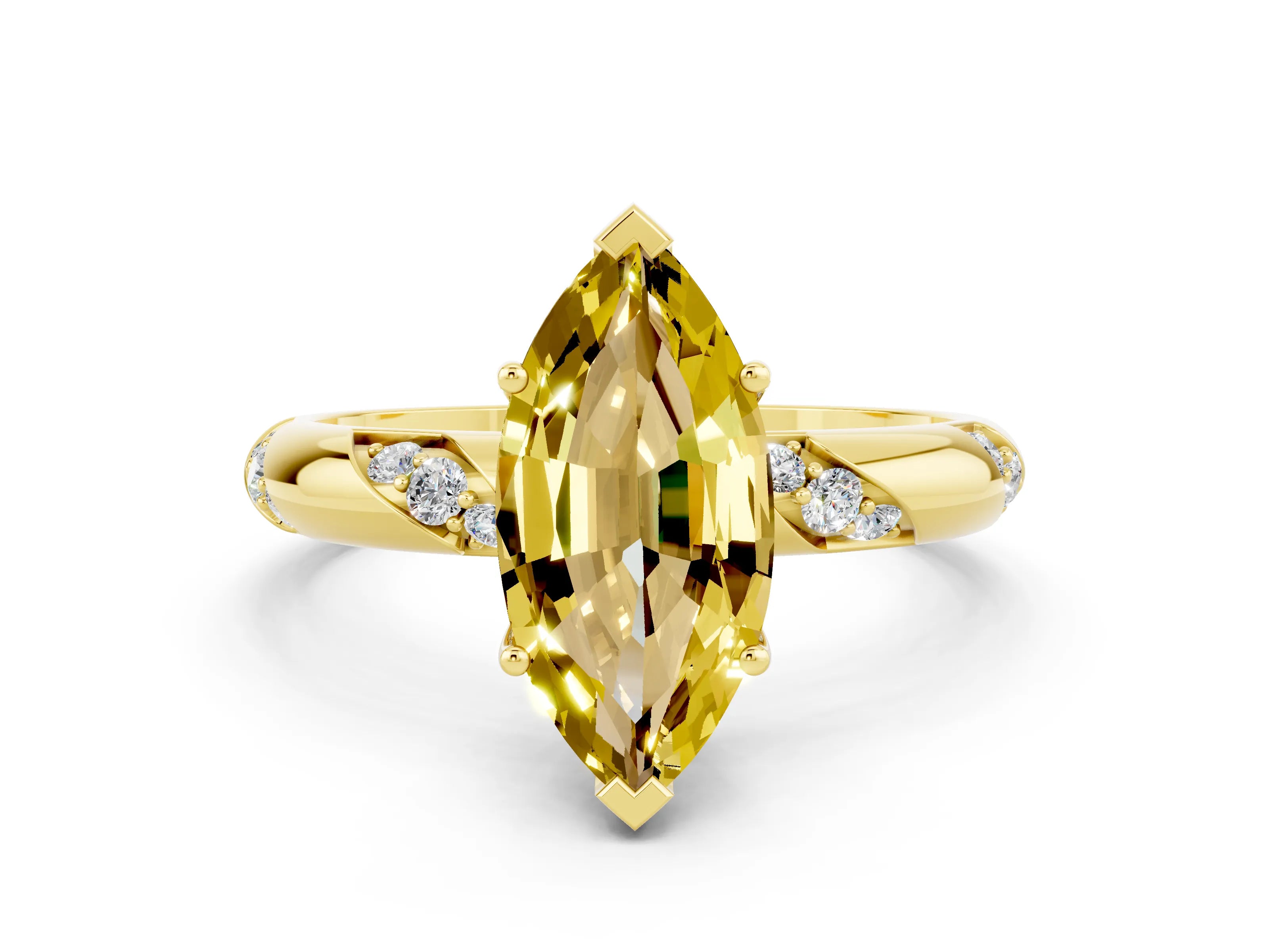 Yellow gold Marquise Cut Solitaire Diamond Engagement Ring with Twisted Pave Band and Four-Prong Setting