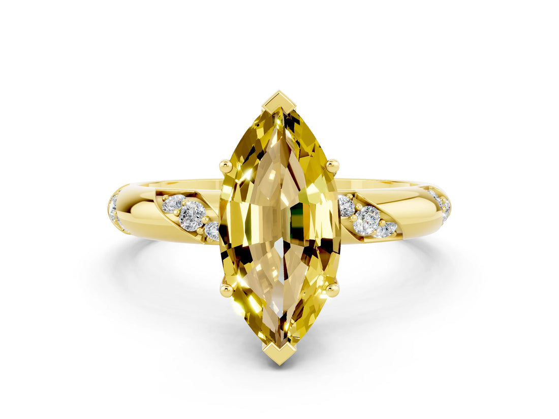 Yellow gold Marquise Cut Solitaire Diamond Engagement Ring with Twisted Pave Band and Four-Prong Setting