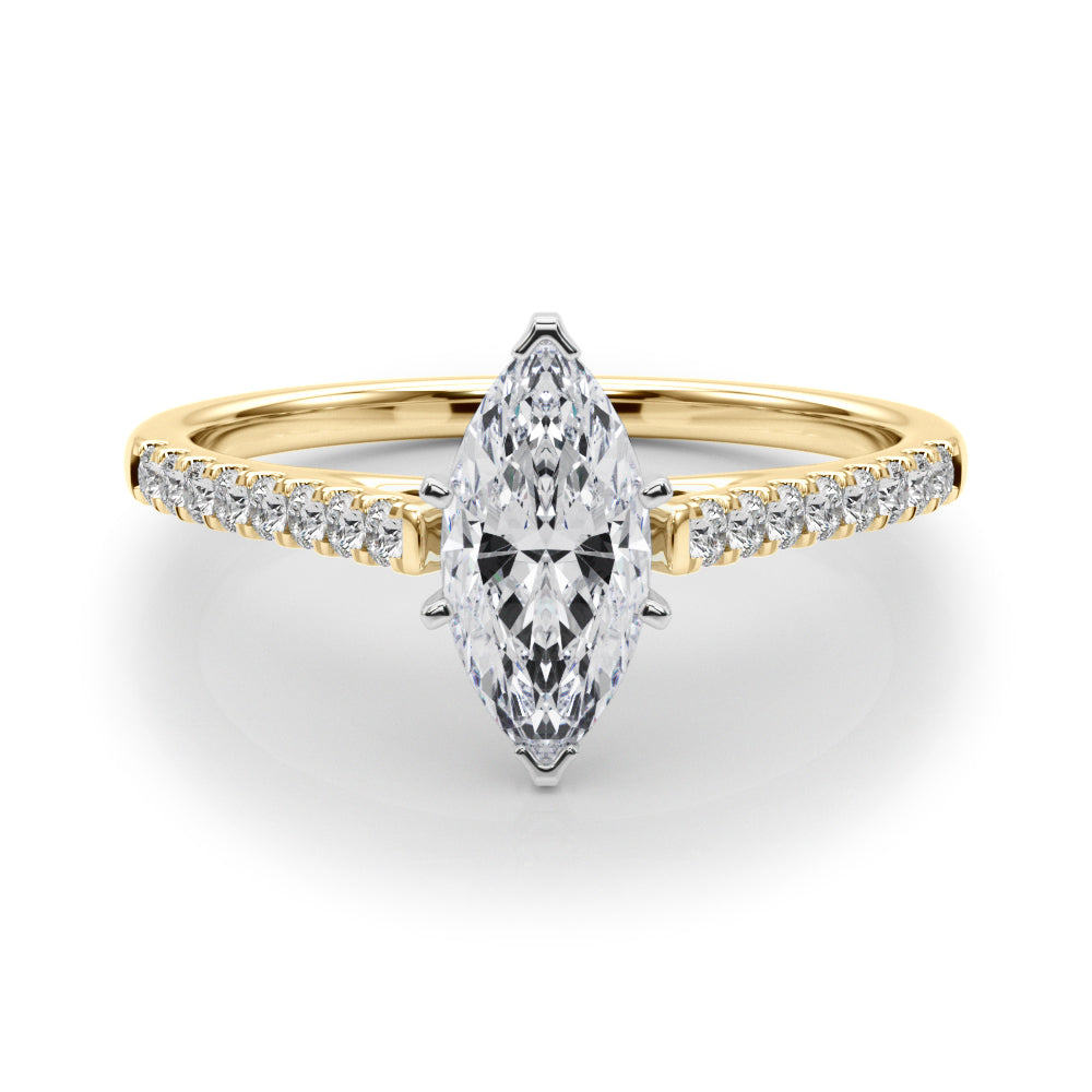 Yellow gold Marquise Cut Solitaire Diamond Ring with Pave Band and Four-Prong Setting 1
