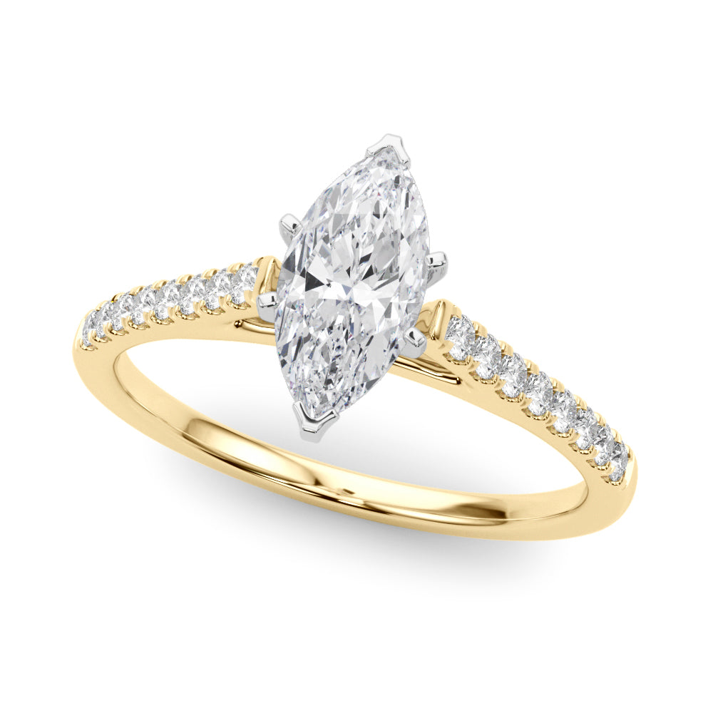 Yellow gold Marquise Cut Solitaire Diamond Ring with Pave Band and Four-Prong Setting
