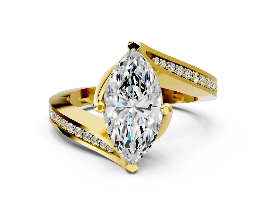 Yellow gold Marquise Cut Solitaire Diamond Twist Band with Pavé Setting and Four-Prong Setting_7