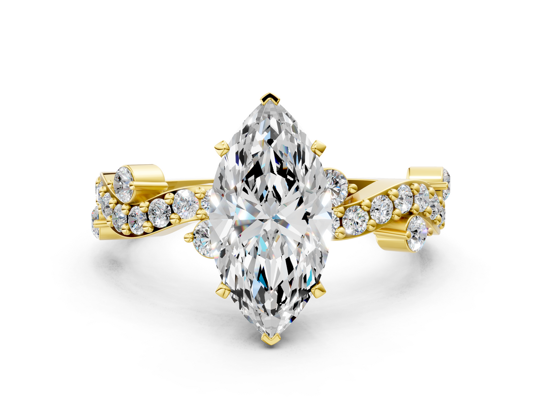 Yellow gold Marquise Cut Solitaire Diamond Twisted Band with Pave Setting_71