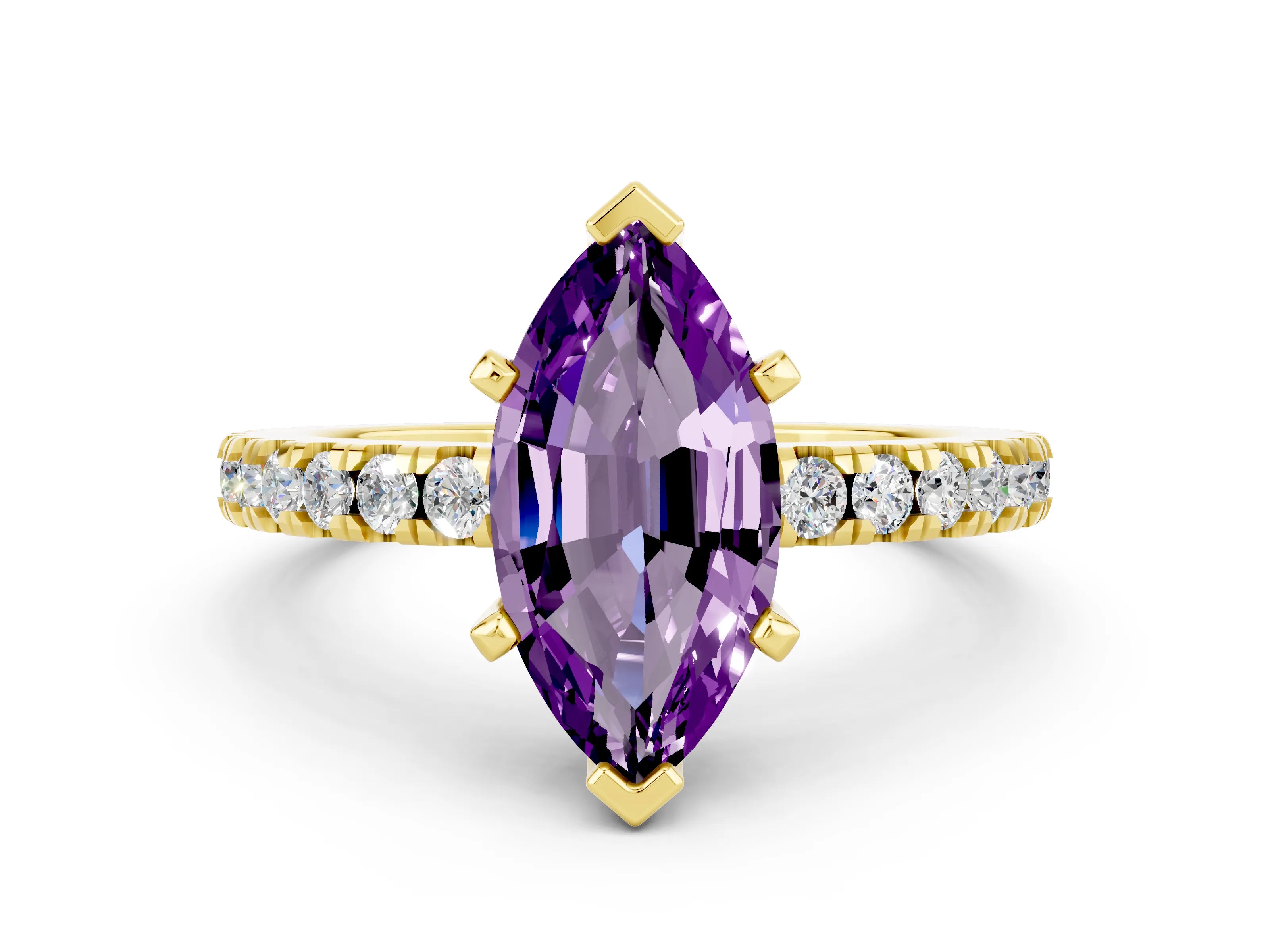 Yellow gold Marquise Cut Solitaire Diamond with Pavé Band and Four-Prong Setting