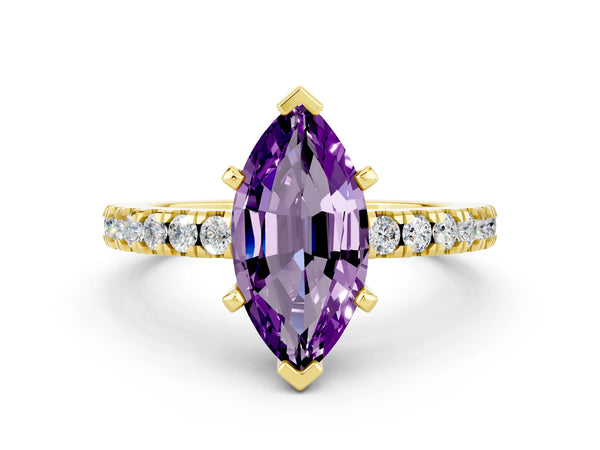 Yellow gold Marquise Cut Solitaire Amethyst with Pavé Band and Four-Prong Setting