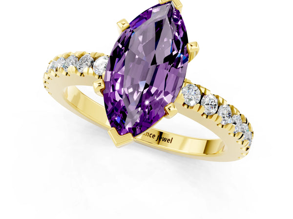 Yellow gold Marquise Cut Solitaire Amethyst with Pavé Band and Four-Prong Setting
