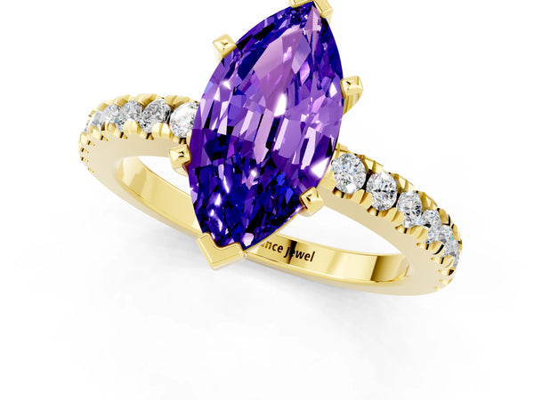 Yellow gold Marquise Cut Solitaire Tanzanite with Pavé Band and Four-Prong Setting