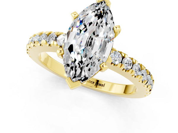 Yellow gold Marquise Cut Solitaire Moissanite with Pavé Band and Four-Prong Setting