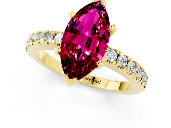 Yellow gold Marquise Cut Solitaire Garnet with Pavé Band and Four-Prong Setting