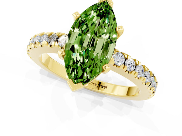 Yellow gold Marquise Cut Solitaire Peridot with Pavé Band and Four-Prong Setting