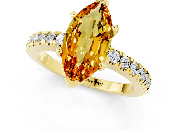 Yellow gold Marquise Cut Solitaire Citrine with Pavé Band and Four-Prong Setting