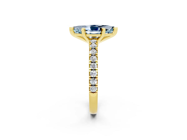 Yellow gold Marquise Cut Solitaire Aquamarine with Pavé Band and Four-Prong Setting