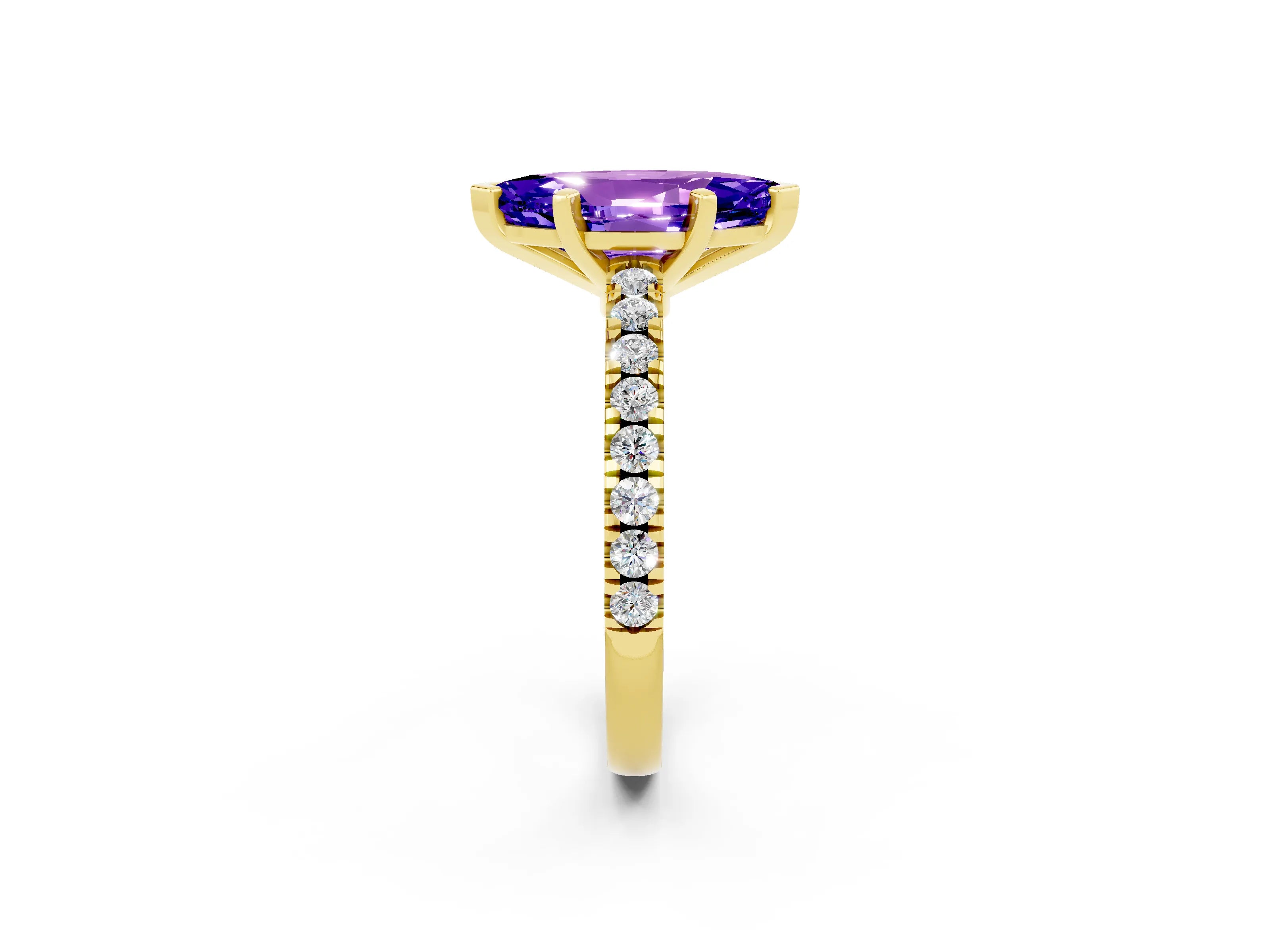 Yellow gold Marquise Cut Solitaire Diamond with Pavé Band and Four-Prong Setting_2
