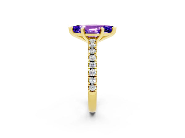 Yellow gold Marquise Cut Solitaire Tanzanite with Pavé Band and Four-Prong Setting