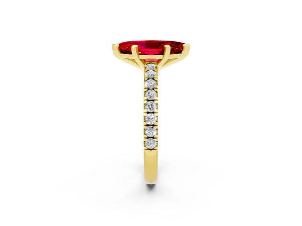 Yellow gold Marquise Cut Solitaire Ruby with Pavé Band and Four-Prong Setting