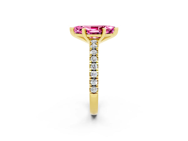 Yellow gold Marquise Cut Solitaire Pink Sapphire with Pavé Band and Four-Prong Setting