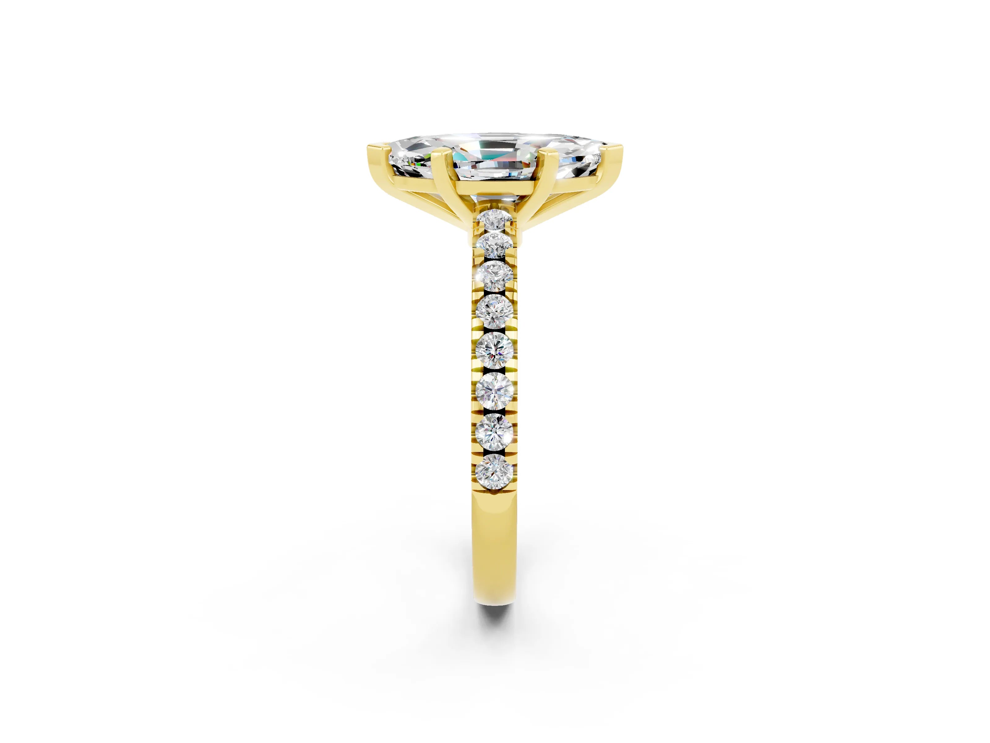 Yellow gold Marquise Cut Solitaire Diamond with Pavé Band and Four-Prong Setting_2