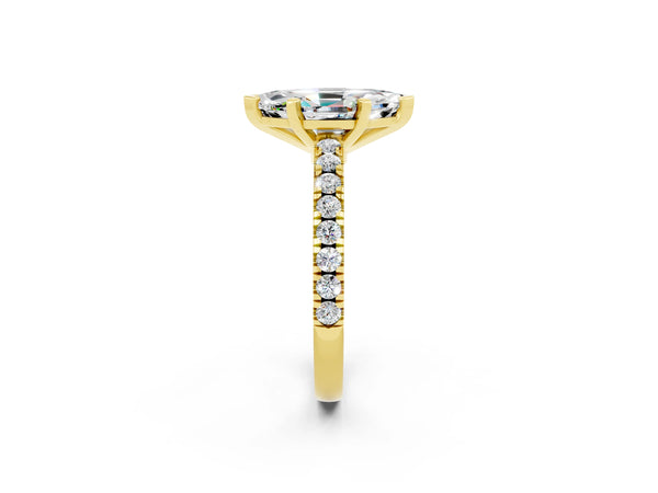 Yellow gold Marquise Cut Solitaire Moissanite with Pavé Band and Four-Prong Setting