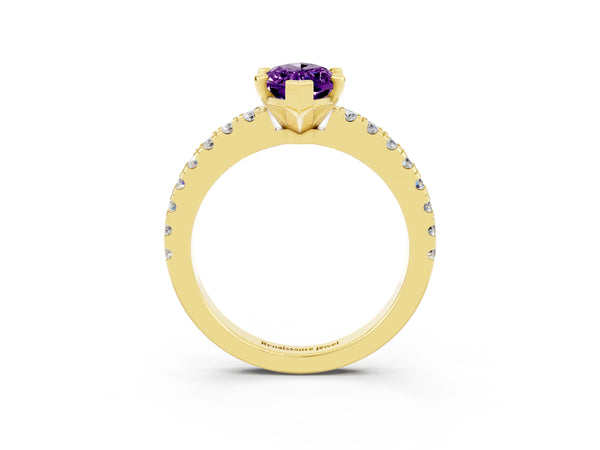 Yellow gold Marquise Cut Solitaire Amethyst with Pavé Band and Four-Prong Setting