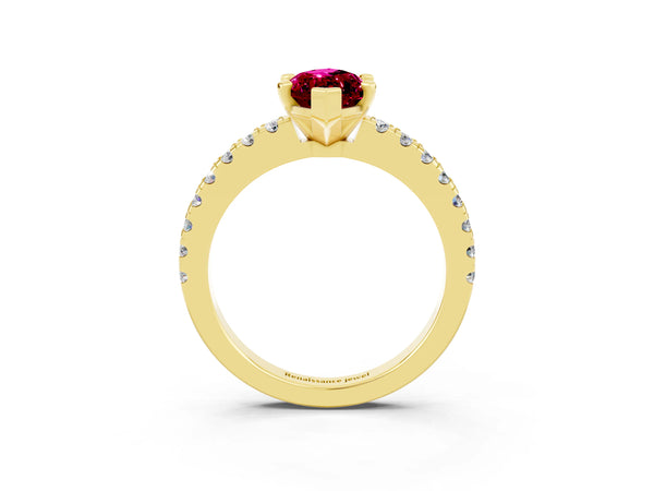 Yellow gold Marquise Cut Solitaire Garnet with Pavé Band and Four-Prong Setting