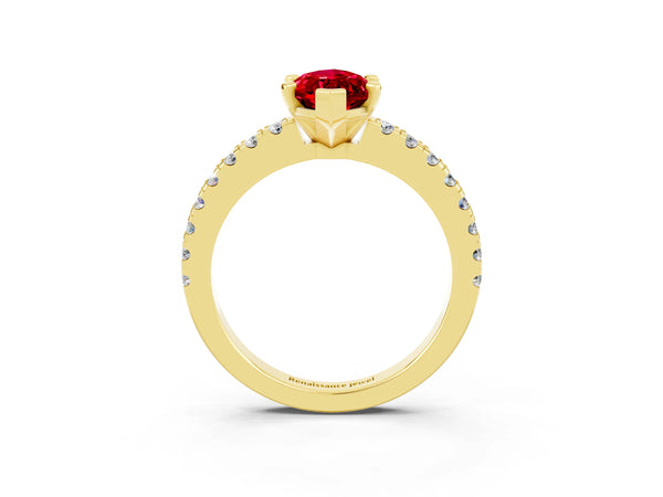 Yellow gold Marquise Cut Solitaire Ruby with Pavé Band and Four-Prong Setting