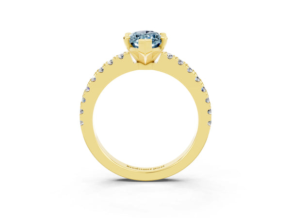 Yellow gold Marquise Cut Solitaire Aquamarine with Pavé Band and Four-Prong Setting