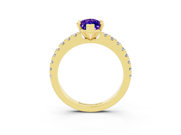 Yellow gold Marquise Cut Solitaire Tanzanite with Pavé Band and Four-Prong Setting